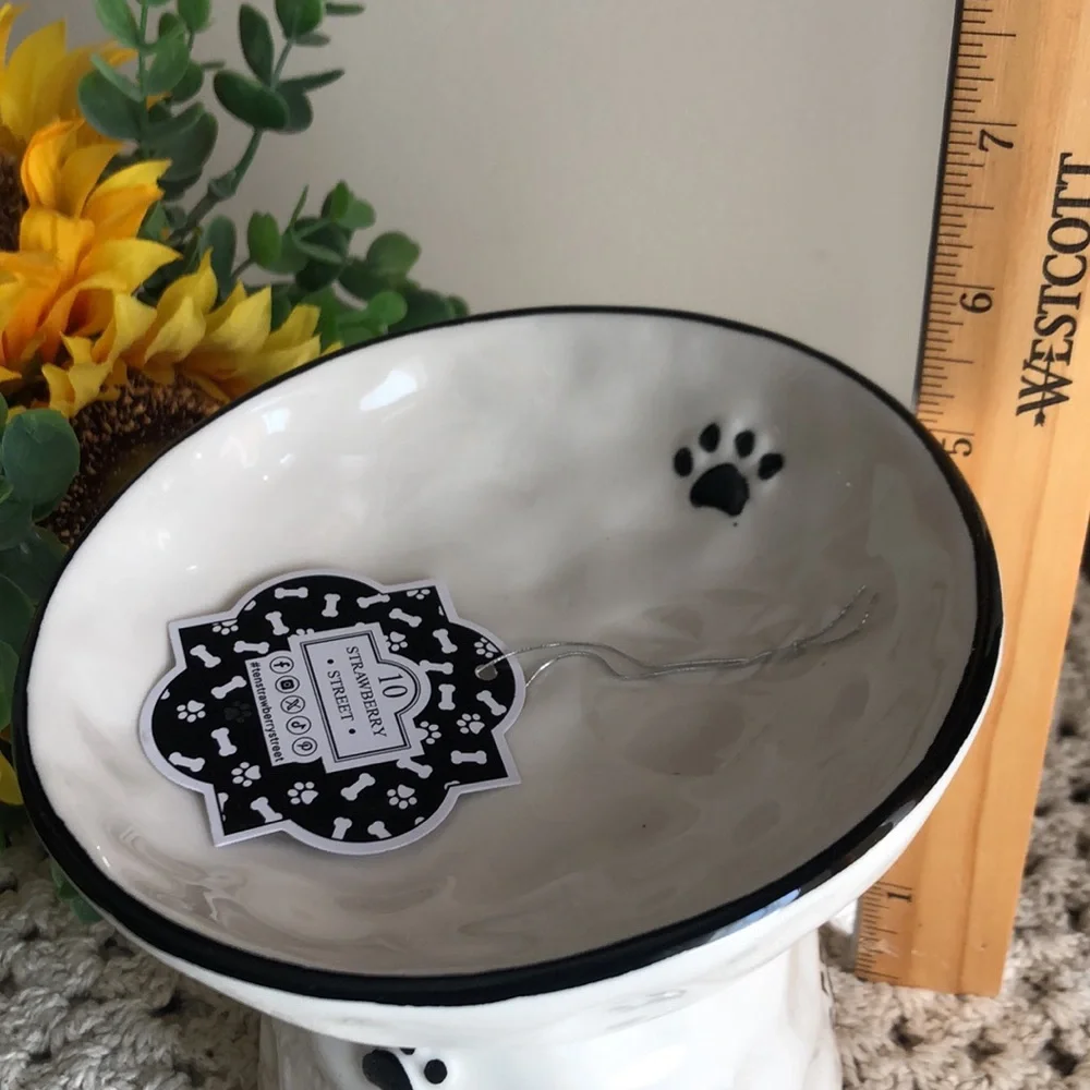 Ceramic Raised Pet Bowl with Black Paw Prints - White